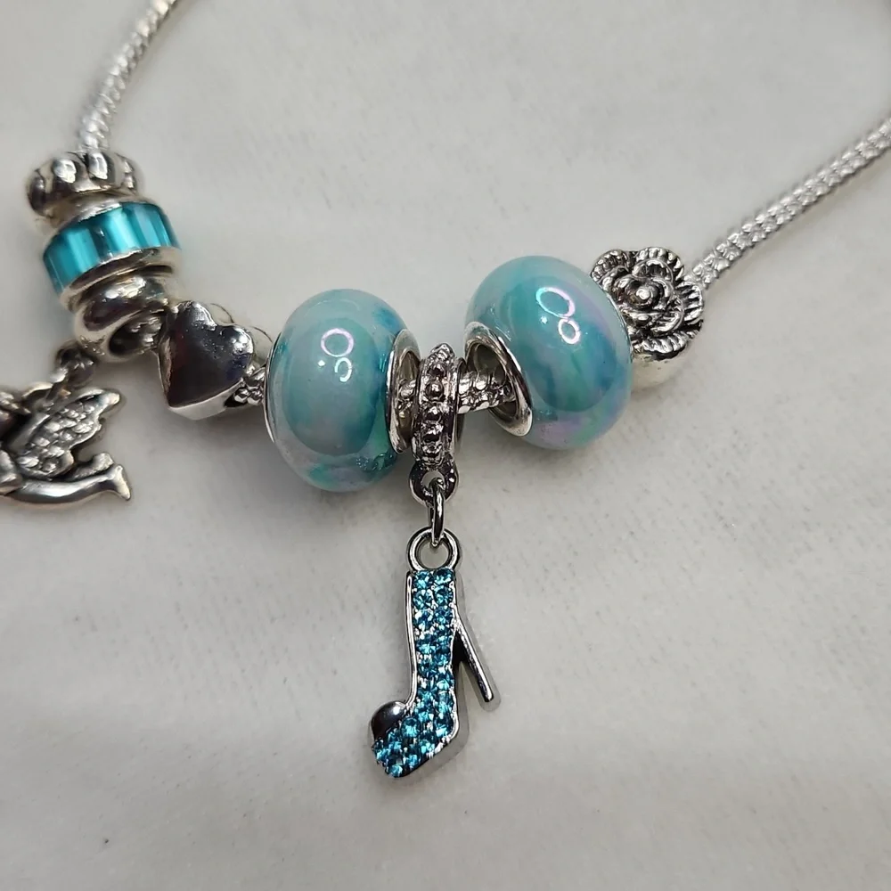 Ladies Charm Bracelet Blue Beaded Heart Angel Shoe Charm Bracelet Silver Tone